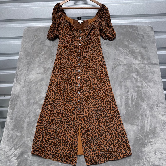 Good American Dresses & Skirts - Good American Leopard Print Midi Dress Womens 3 Large Brown Button Front Smocked